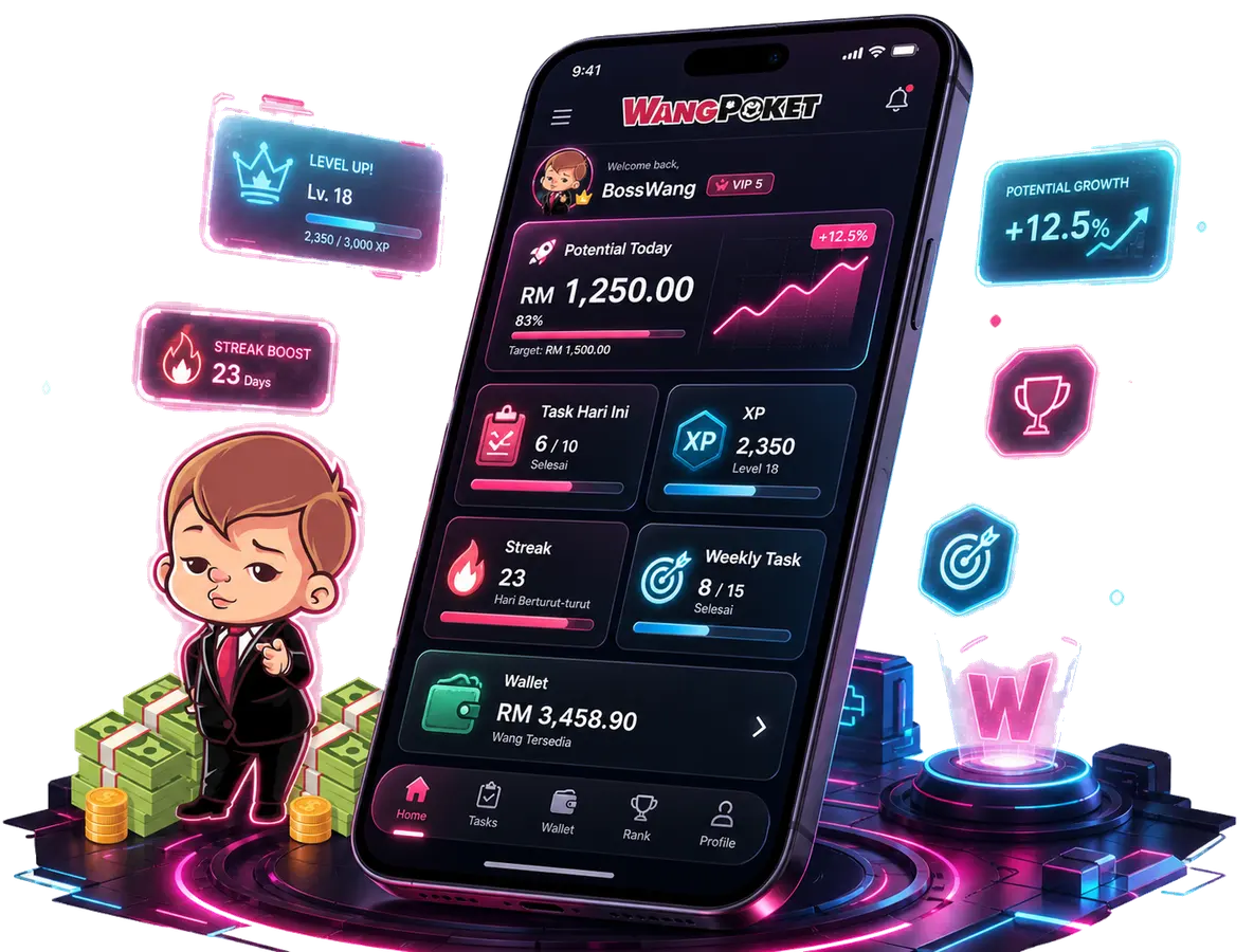 Wangpoket mobile dashboard preview with wallet, rewards and tasks
