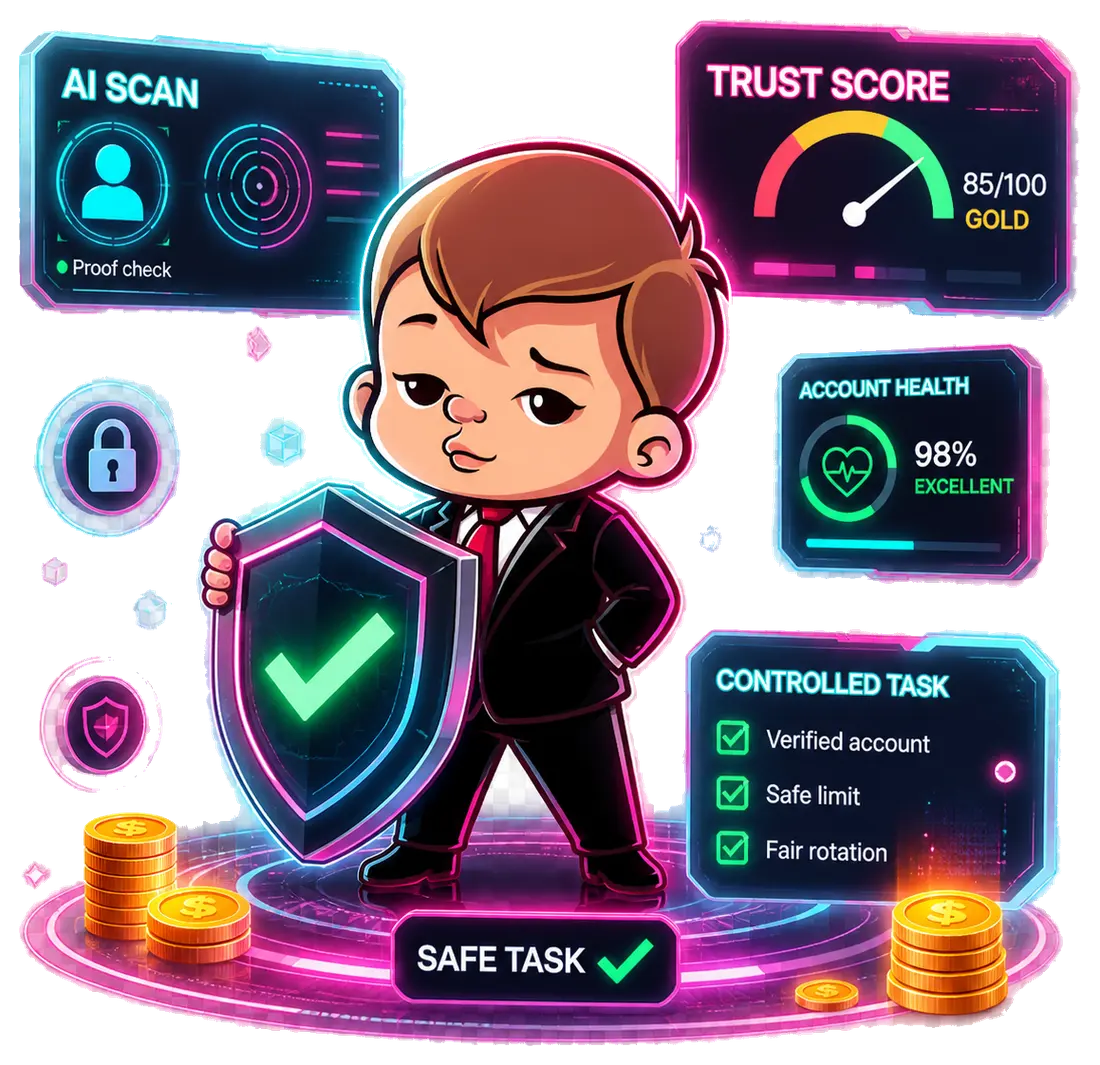 Wangpoket mascot with shield and safe task checking visual